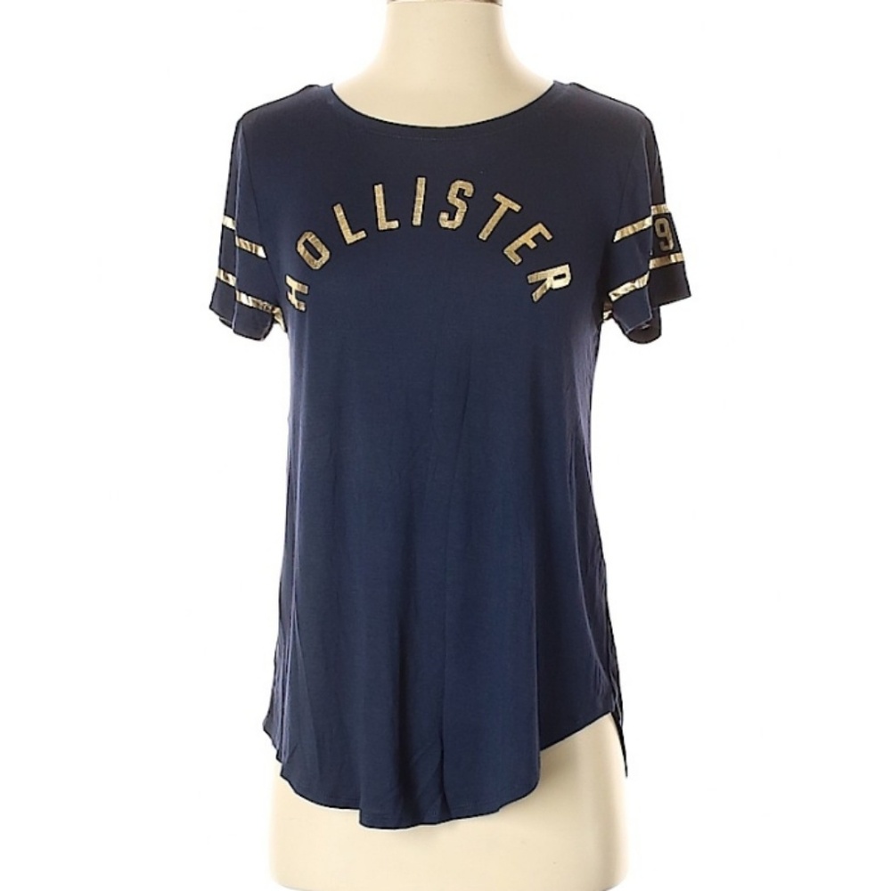 Hollister Navy Blue and Gold Logo Tshirt